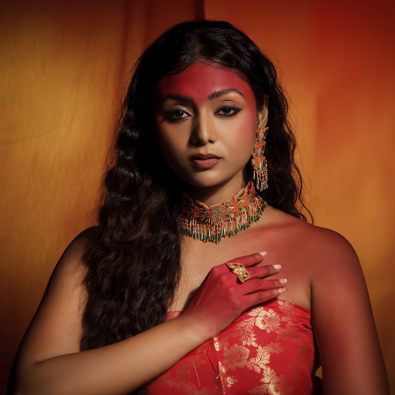 Malini (Gerua) - Neckpiece, Earrings and Ring - Image 5