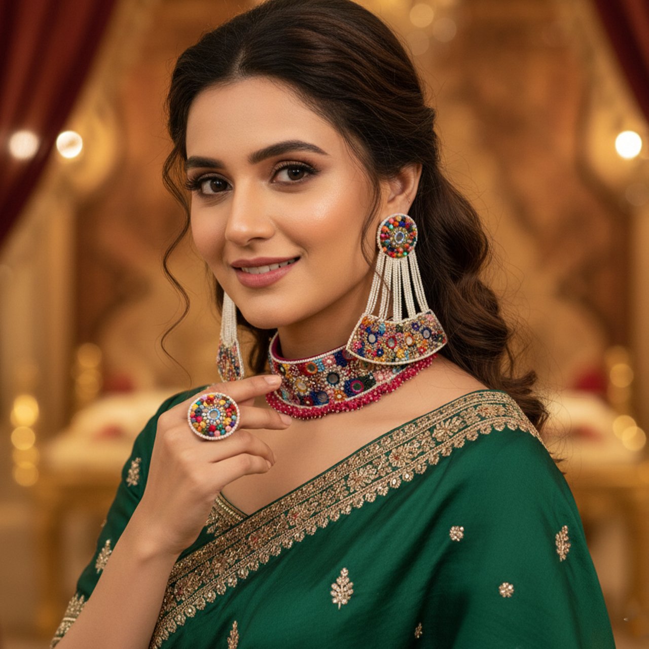 Muskan (White) - Neckpiece, Earrings and Ring - Image 2