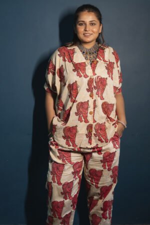 Women Block Printed Cotton Co-ords Set In Animal Print
