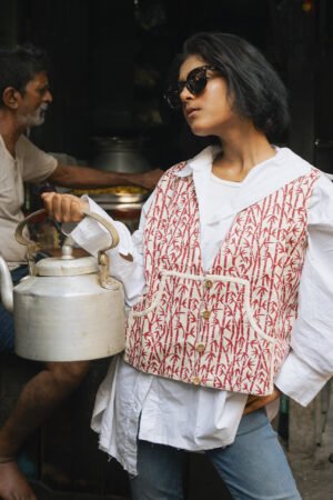 Block Print Reversible Summer Jacket In Leaf Bamboo Pattern