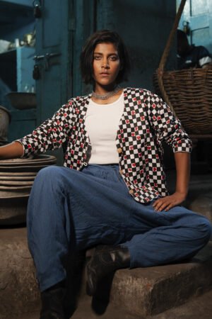 Block Printed Reversible Cotton Summer Jacket Check Heart Pattern.