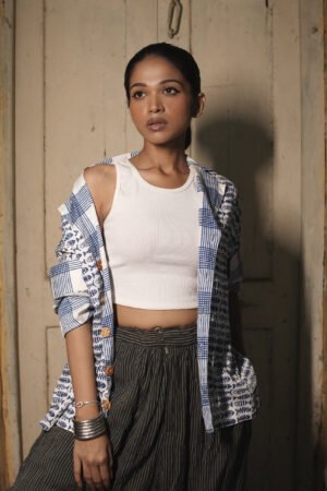 Block Print Reversible Cotton Summer Jacket Fish And Stripe Pattern.