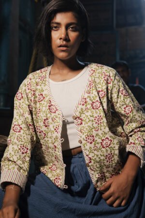 Block Printed Summer Jacket In Floral And Stripe Pattern.