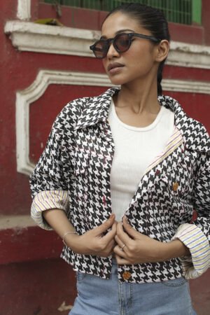 Block Printed Houndstooth Pattern Summer Jacket For Women.