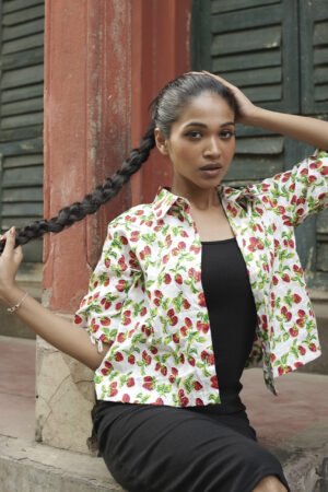 Cotton Half Shirt In Quirky Strawberry Print With Embroidery Highlights.