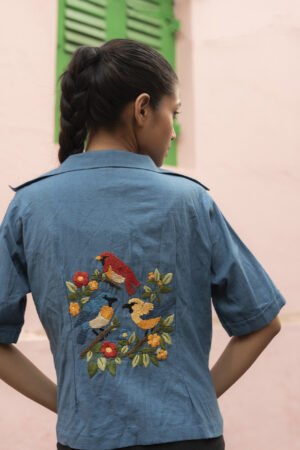 Birds Kantha Embroidery Women Cotton Shirt.