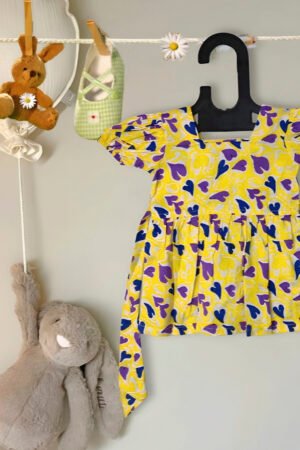 Half Sleeve Cotton Frock- Yellow & Blue