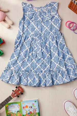Block Printed Sleeveless Frock - Blue Colour