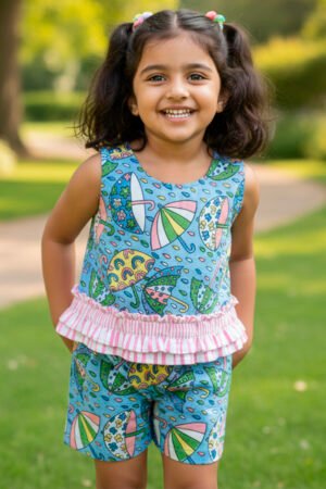 Hand-Block Umbrella Motif Printed Toddler Co-Ord