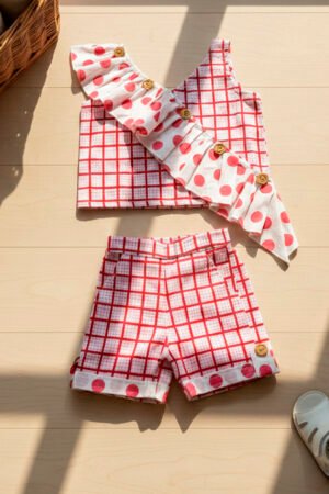 Block Printed Sleeveless Skirt with Top - Red & White