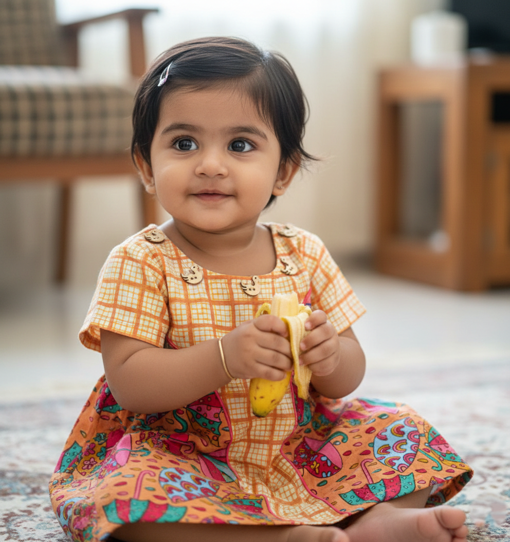 Half Sleeve Cotton Frock - Orange - Image 3