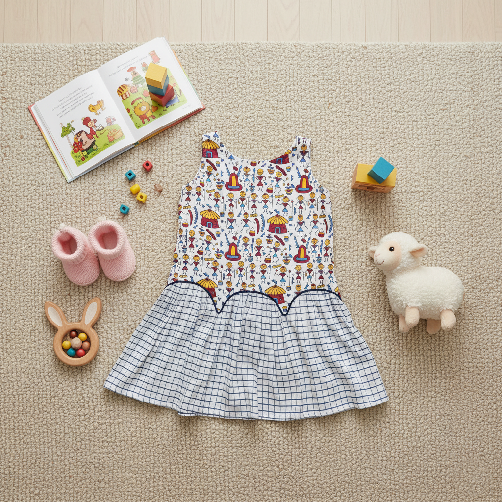 Sleeveless Cotton Frock - White & Blue - Image 2