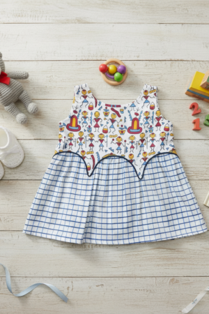 Sleeveless Cotton Frock - White & Blue