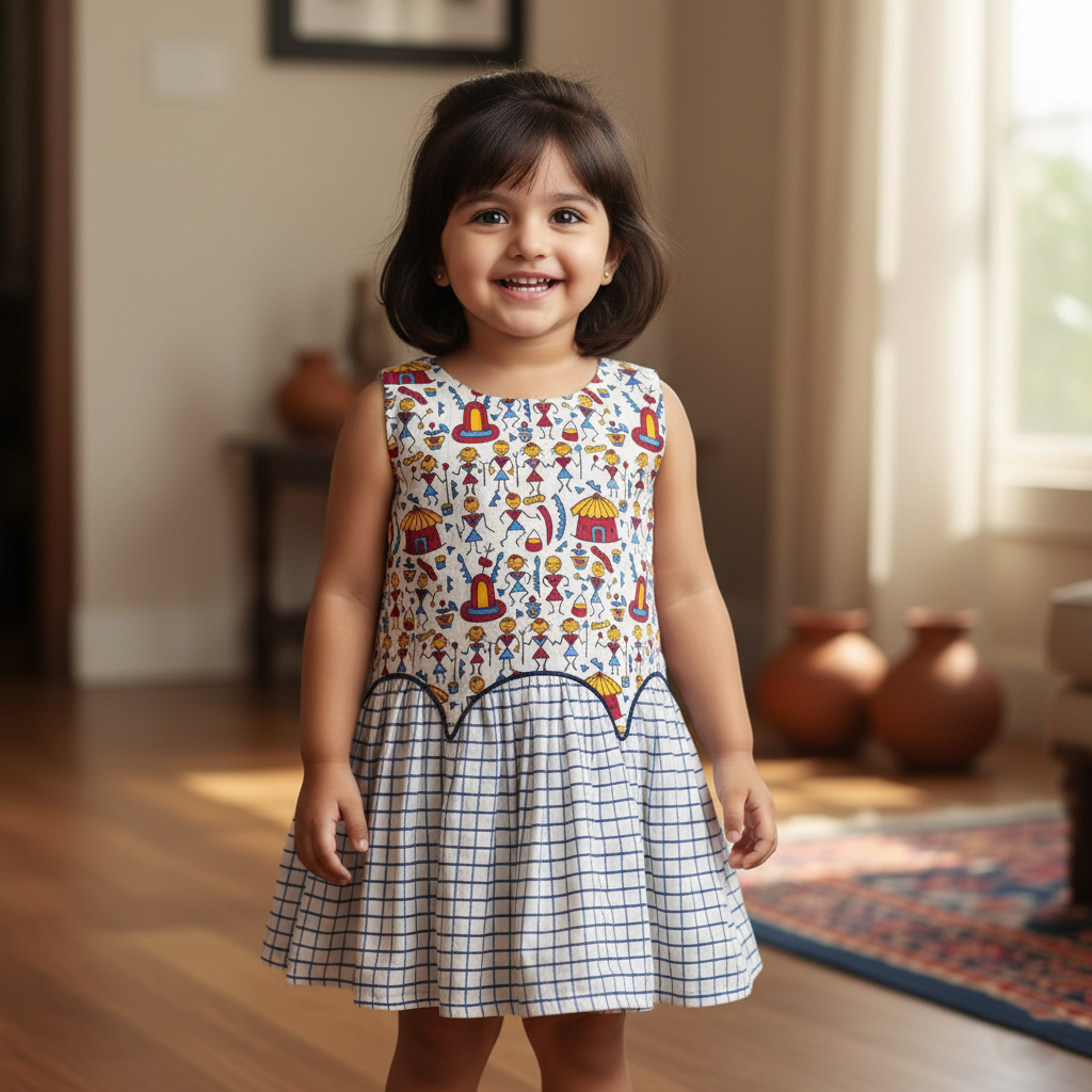 Sleeveless Cotton Frock - White & Blue - Image 3